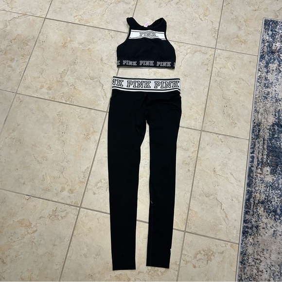 PINK Victoria's Secret Pants - PINK Victorias Secret Black & White Logo Print Sports Bra & Leggings Set Size S